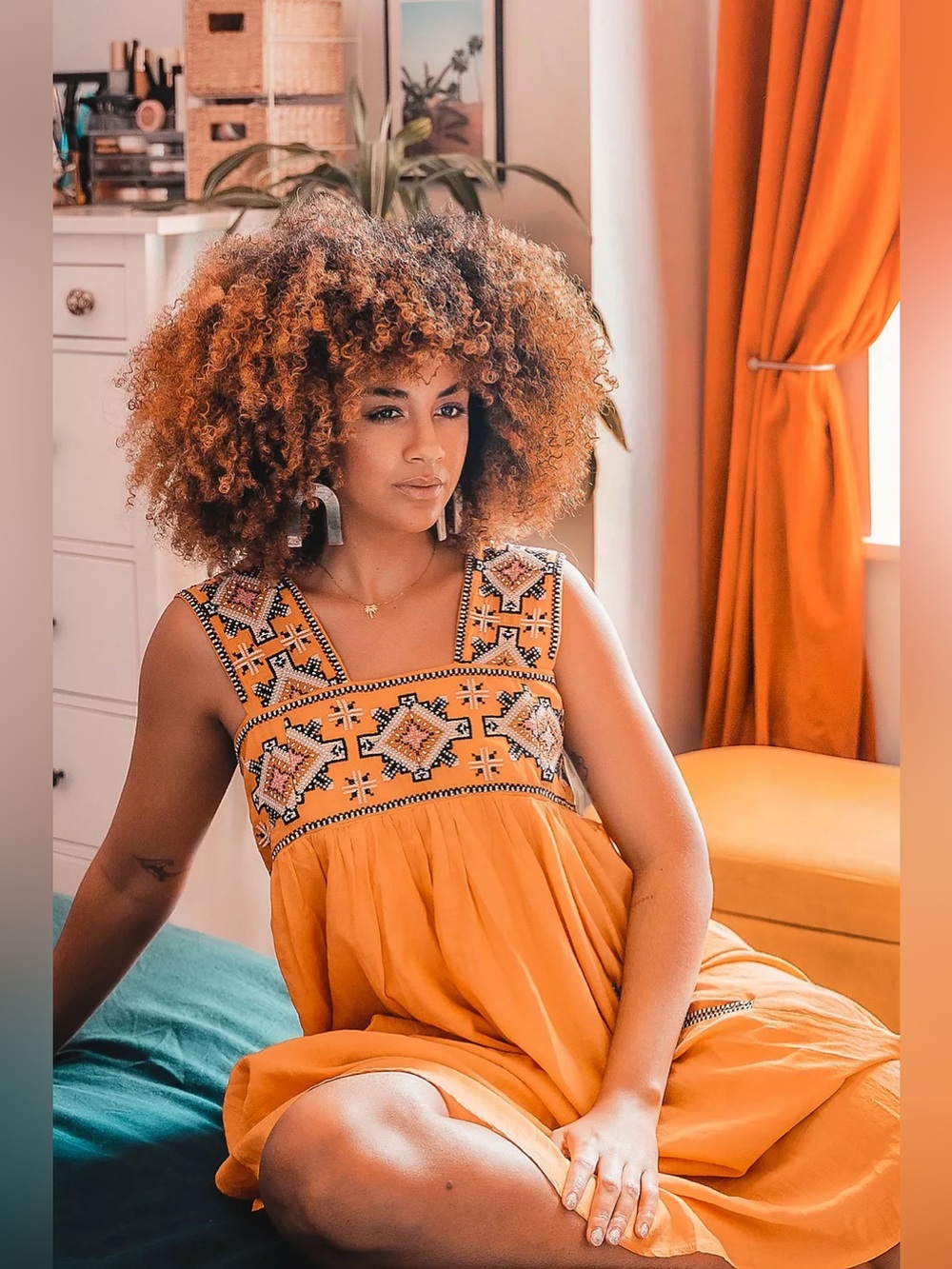 Anthropologie Mustard Orange Embroidered Square-Neck Sundress